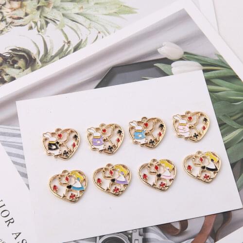 10pcs Alice Girl Love Flower Wreath Enamel Charms Rabbit Girls DIY Pendant Hollow-out Metal Floating Ear Jewelry Accessory YZ433