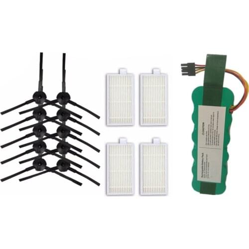 10Pcs Side Brush+4Pcs Filter Hepa for Ariete Briciola 2711 & 1x 2000Mah Ni-Mh Battery for Ariete Ilife2711 2712 2717Ram