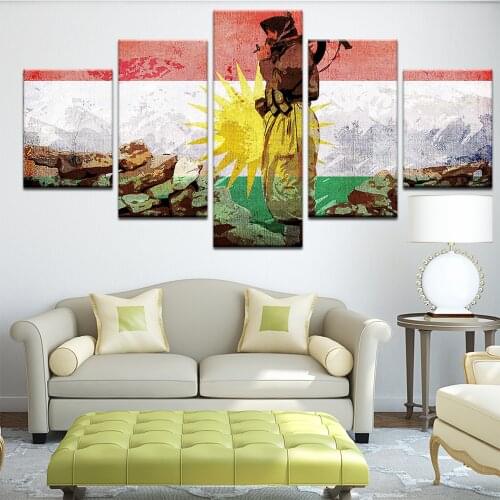 5 Piece Canvas Wall Art Kurdistan Soldier Flag HD Print Painting Poster Living Room Decoration Bedroom Image Home Painting