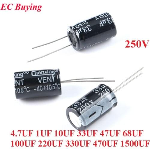 50pcs DIP Electrolytic Capacitor 250V 4.7UF 1UF 10uf 33UF 47UF 68UF 100UF 220UF 330UF 470UF 1500UF ±20% Aluminum Capacitor