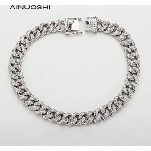 AINUOSHI 14K White Gold 8MM Hip Hop Iced Out 3.60ct White Natural Diamond Miami Cuban Link Chain Bracelet for Men 8In