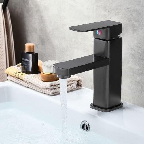 Black Square Bathroom Faucet Baking Paint Single Handle Hot And Cold Water Basin Mixer Taps Deck Mounted Lavatory Sink Tap Crane