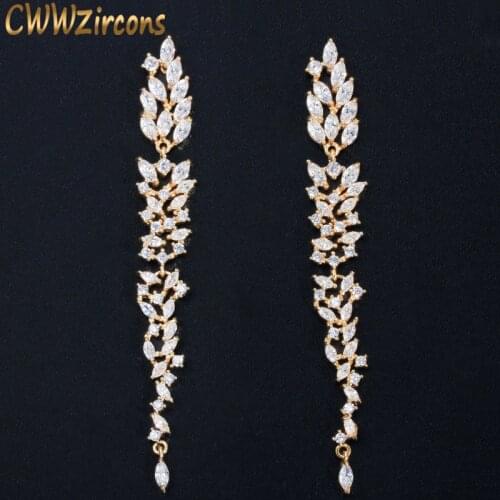 CWWZircons Exquisite Wedding Design Leaf Ear Line Long Dangle Drop Earring Jewelry Cubic Zirconia Brincos for Women Bijoux CZ578