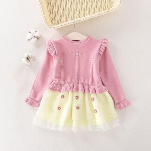 Baby Knitted Sweaters Girl Dresses Childrens Clothing Autumn Winter 2021 New Mesh Stitching Flowers Kids Princess Dress 1-4Year