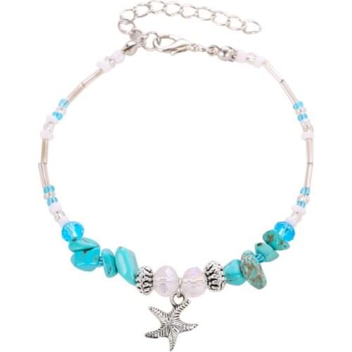Fashion Blue Clear Green Beads Alloy Starfish Natural Stone Shell Adjustable Vintage Bracelets For Women