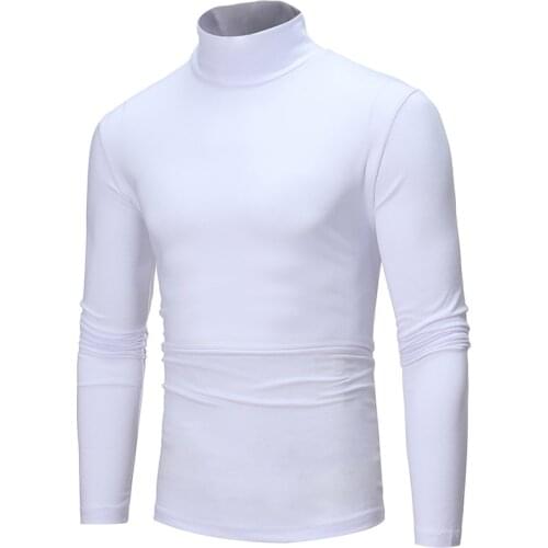 Mens Casual Slim Turtleneck Long Sleeve Tops Pullover T-Shirt Solid Color High Quality Polyester Tops