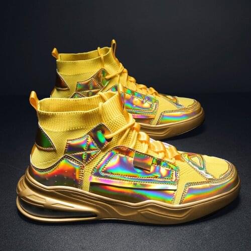 Mens Knitting Stitching PU Leather Lace Up Sneakers Bling Shiny Shoes Boys High Top Casual Gold Sliver New