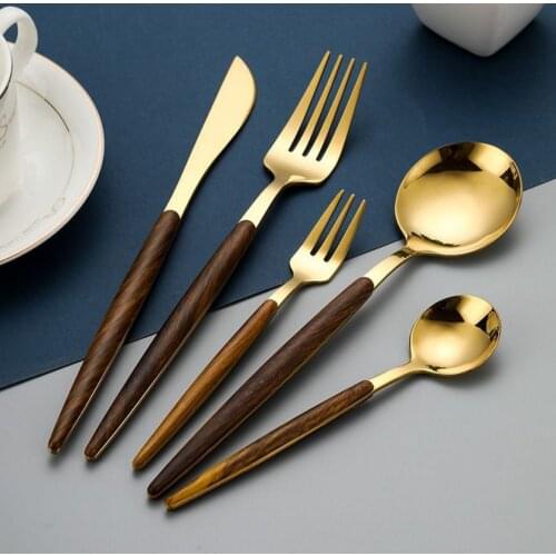 Imitation wood handle stainless steel knife, fork, spoon, Portuguese dinnerware set, golden steak knife
