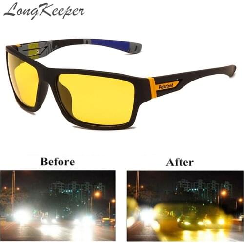 LongKeeper Square Night Vision Glasses Men Polarized Driver Driving Goggle Yellow Lens Classic Anti Glare Lentes De Sol Hombre