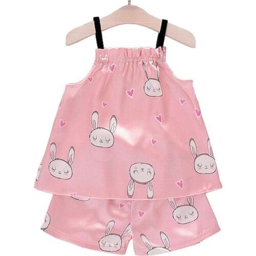 Printing Children Pajama Sets Baby Sling Top Shorts Sleepwear Suit Kids Homewear Girls Silk Satin Clothes Nightwear 1-4Y