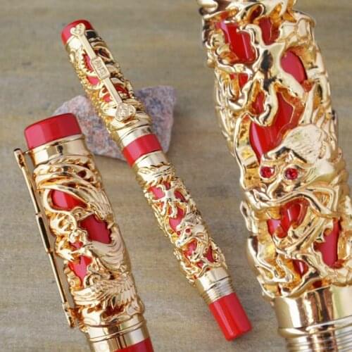 JINHAO RED AND GOLDEN DRAGON AND PHOENIX 18KGP FINE NIB FOUNTAIN PEN