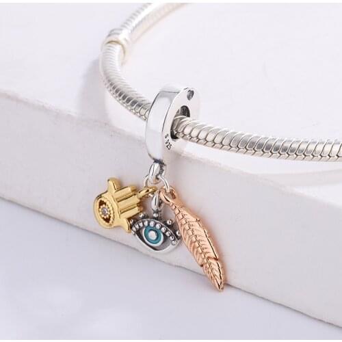 925 Silver All-Seeing Eye & Feather Spirituality Dangle Charm Pendant Bracelet DIY Jewelry Making For Original Pandora