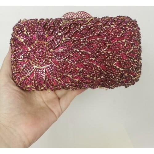 Purplish Red Silver Flower Women Diamond AB Crystal Handbag Metal Wedding Bridal Female Lady Clutch Evening Bags For Party Prom