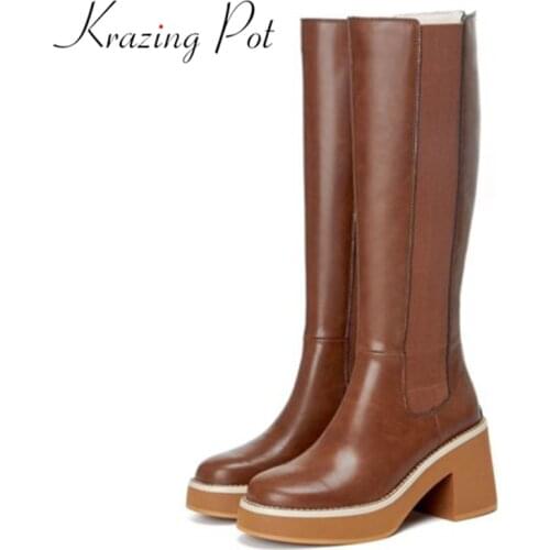 Krazing pot cow split leather retro round toe platform long boots high heels zip maiden increased equestrian thigh high boots
