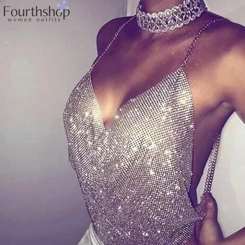 Sexy Tank Tops Women Backless Crop Top Bling Rhinestone Metallic Sequin Shining Vest Night Club Party Chain Deep V Camisole 2020