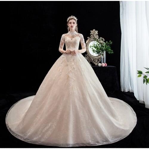 Champagne Three Quarter Sleeve Wedding Dress With Sweep Brush Train Lace Ball Gown Plus Size Custom Made Robe De Mariee 2021