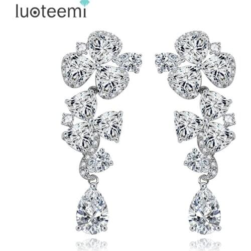 LUOTEEMI Shinning Clear Cubic Zirconia Romantic Flower Petal Bridal Dangle Drop Earrings For Women Brincos Bijoux