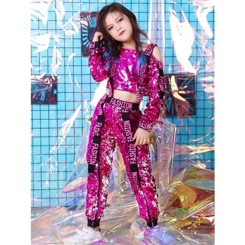 Kids Hip Hop Dance Clothing Rose Sequins Girls Jazz Dance Costumes Ballroom Dancing Shelf Drum Performance Clothes Outfits