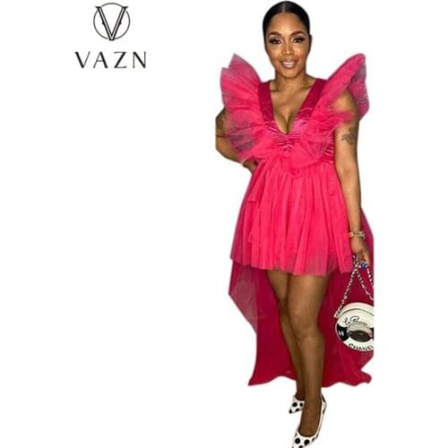 VAZN 2020 New Arrival Sexy Club Tulle Banquet Party Dress Shinny Women High Waist Thin Mini Dress