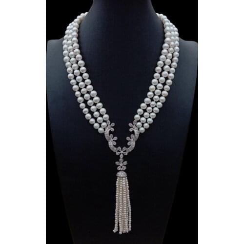 Y·YING luxury Natural 3 Strands Freshwater Cultured White Pearl Necklace Cubic Zirconia Pave Pendant wedding for women