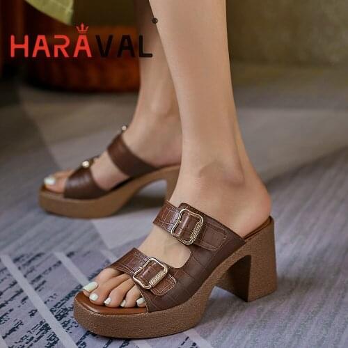 HARAVAL Women Slide Four Seasons High Heels Outside Thick Bottom Black Brown Solid ELEGANT Footwear Waterproof Platform A324
