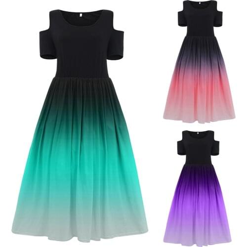 L- 6xl Plus Size Dresses For Woman Party Night 2020 Elegant Cold Shoulder Gradients Mixcolor Print Short Sleeve Long Dress
