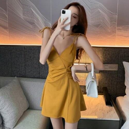 #5115 Black Yellow A-line Dress Women Sleeveless Sexy Club Mini Dress V Neck Backless Pleated Spaghetti Strap Dress Woman Summer