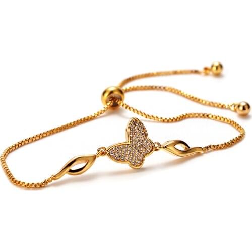 Butterfly Shaped Micro-Inlaid Bracelet Women Yellow Gold Filled Charm Girl Lady Valentine Gift Female Wrist Chain Adjust Je
