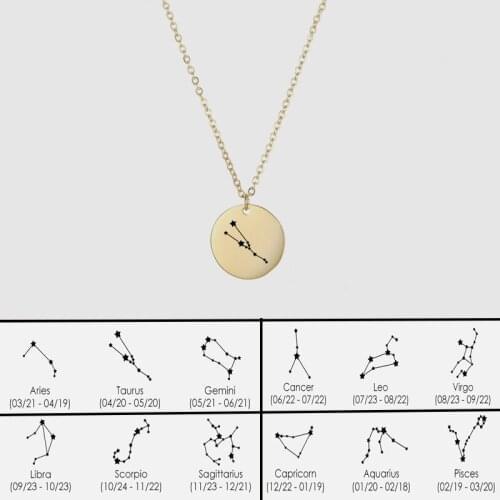JUJIE Simple 12 Constellation Laser engraving Pendant Necklaces For Women Zodiac Chains Necklace Birthday Jewelry Gifts