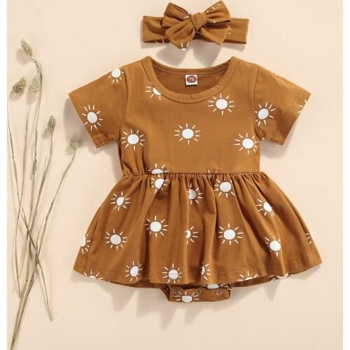 Infant Short-sleeved Romper Dress+ Headband, Sun Printed Pattern A-line Version Summer Clothing