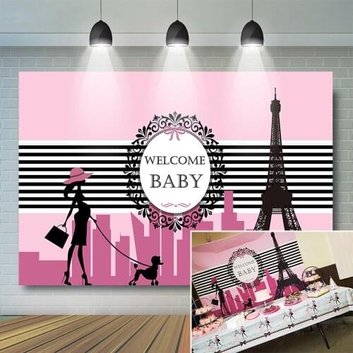 Eiffel Tower Baby Shower Photography Background Customize Pink Baby Shower Backdrop Girl Lady Dog Prop For Photo Studio
