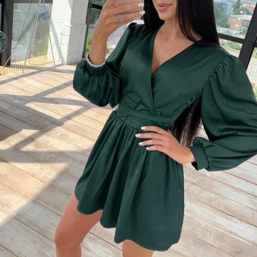 Foridol Long Sleeve Green Satin Dress Women Spring Autumn Cocktial Evening Party Dress Elegant Ladies Dress Vestidos Plus Size
