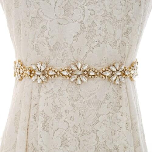 SESTHFAR Crystal Wedding Belt Gold Rhinestones Bridal Sash Handmade Beads Bridal Sash Belt For Wedding Accessories