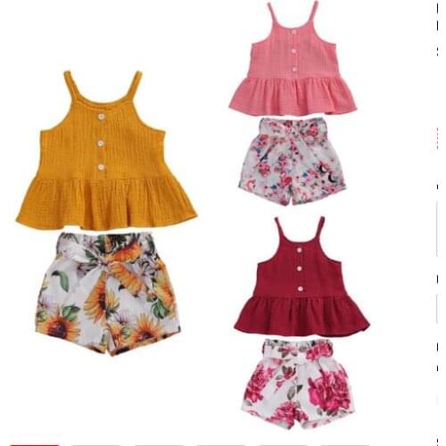 Summer Clothes Set Kids Girls Solid Color Flouncing Sleeveless Suspender Tops Flower Printing Shorts Set Girl Clothing