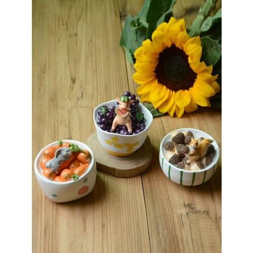 Creative Cute Animal Ornaments Simulation Ceramic Bowl Fake Fruit Model Fairy Garden Miniatures Resin Kitchen Home Decorations
