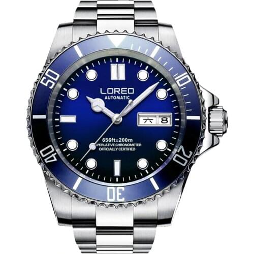 LOREO Mens Sport Luminous Rotatable Bezel 200M Waterproof Automatic Mechanical Wrist Watches reloj hombre - Dual Calendar Steel
