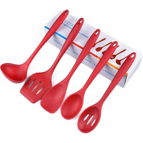 JANKNG 5Pcs Silicone Cooking Tools Utensils Set Kitchen Spoon Spatula Soup Spoon Ladle Scraper Non-Stick Cookware Kitchen Tools