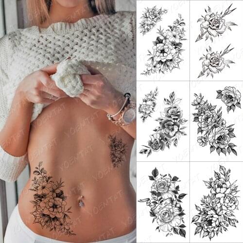 Lines Roses Snake Flowers Temporary Tattoo Sticker For Men Women Adult Peony Waterproof Fake Henna Old School Body Art Tattoo De