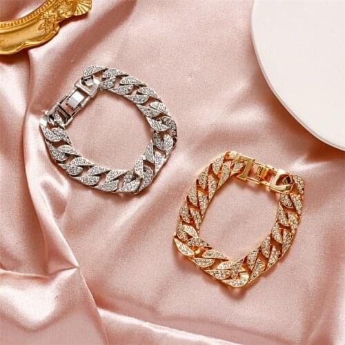 New Fashion Luxury 12mm Iced Out Cuban Link Chain Bracelet for Women Men Gold Silver Color Bling Rhinestone Bracelet Jewelry