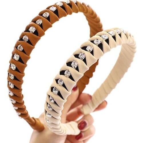 Haimeikang Leather Rhinestone Headband For Women Shiny Color Hair Bands Headwear Winter Fashion Bezel Hair Hoop Hair Accessories