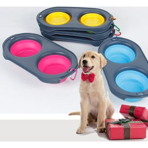 Portable Pet Travel Retractable Dog Food Double Bowl Use to Feeding