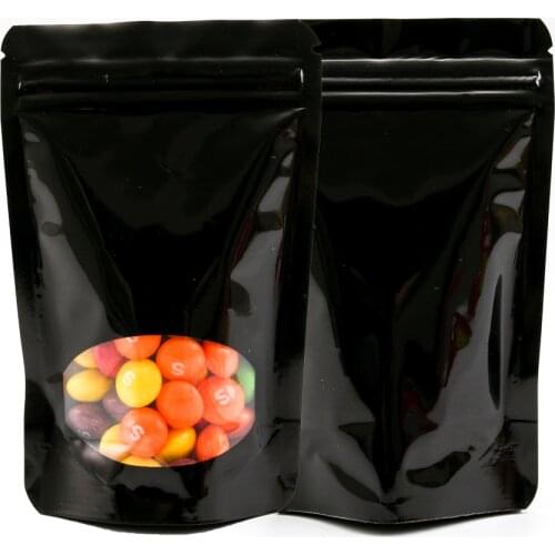 Various Sizes Stand Up Pouch Bags Zipper Top Heat Sealable Glossy Black Color Snack Zip Lock Bags with Clear Window 100pcs
