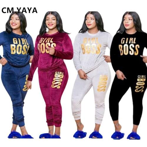 CM.YAYA Plus Size XL-5XL Letter Print Velvet Womens Set Sweatshirt Top Jogger Pants Suit Tracksuit Two Piece Set Fitness Outfit