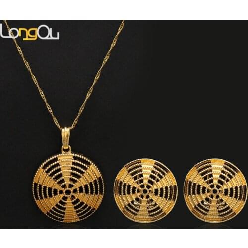 Ethiopian Jewelry Fashion Scroll Pendant Necklace And Drop Earring Set Women Dubai African Jewelry Sets Gold-color
