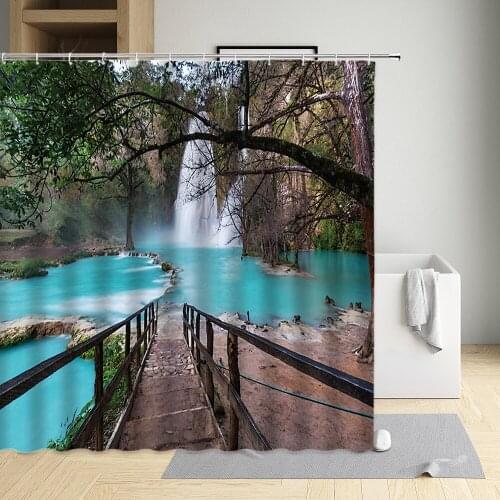 Waterfall Shower Curtain Natural Landscape Green Plants Forest Creek Wooden Bridge Home Bathroom Decor Washable Fabric With Hook