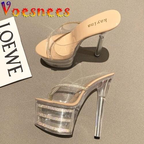 2021 Summer PVC Women Slippers Shining Diamond Waterproof Platform Female Sandal Model Show Transparent Crystal High Heel Shoes
