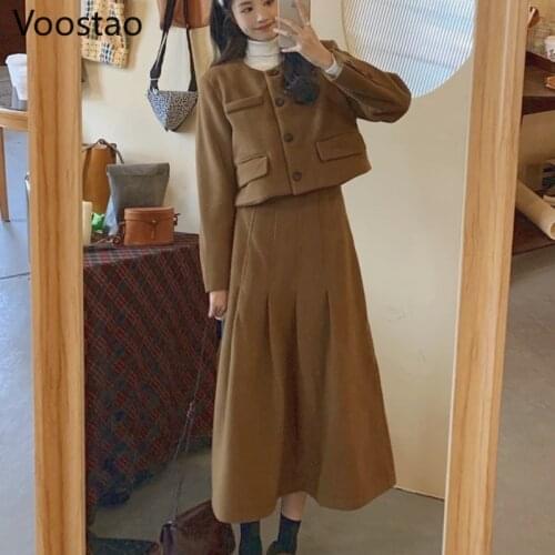 Autumn Winter Fashion Skirt Sets Korean Women Sweet Chic Woolen Jackets Long Pleated Skirts Suit Women Elegant Solid 2 Piece Set
