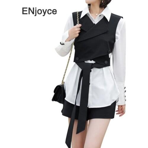 Three Piece Set Women High Street White Black 3 Piece Sets Blouses Vest Belt Tank Tops and Shorts Korean Slim Chic Clothes Suits