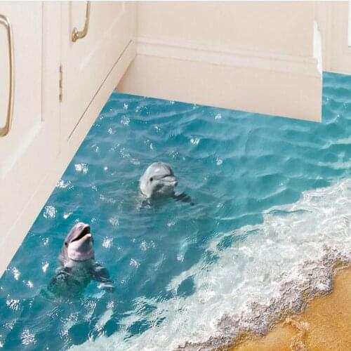3D Ocean Waving Water Blue Sea Beach Dolphin Starfish Room Wall Stickers for Kids Bedroom Decor Waterproof Floor Murals Bathroom