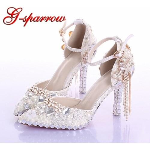 Pointed Toe Ankle Strap Boots Bridal Shoes Ivory Pearl Wedding Party Dress Shoes Rhinestone Pumps for Wedding Events Prom Shoes
